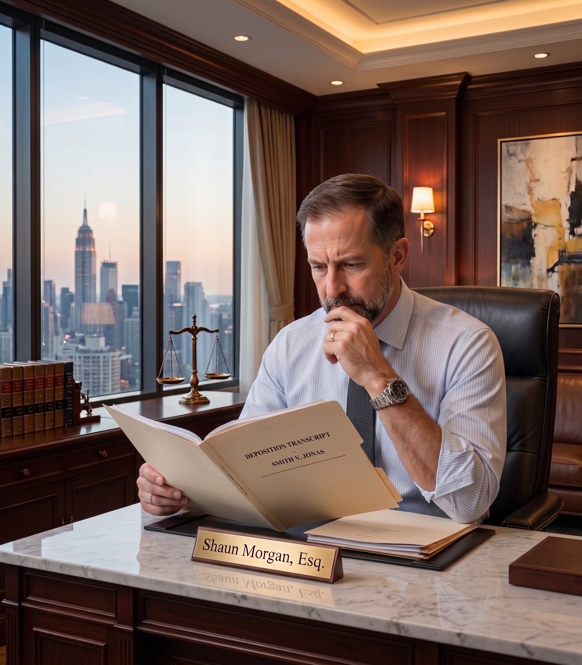 Shaun Gregory Morgan reviewing legal documents at desk — global financial compliance insights, DIAC arbitration expert, Franklin Morgan Law Dubai